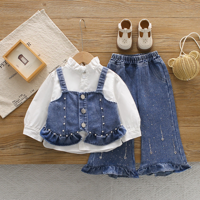 Girls' Spring and Autumn Outfit 2026 New Fashionable Casual Denim Beaded Strap Three-Piece Set for Kids