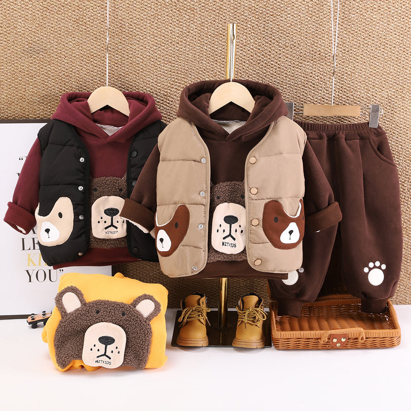 Baby Fleece-Lined 2 Children's Clothing Autumn Toddler Outfit Infant 1-Year-Old Boy Winter Bear Head Three-Piece Set