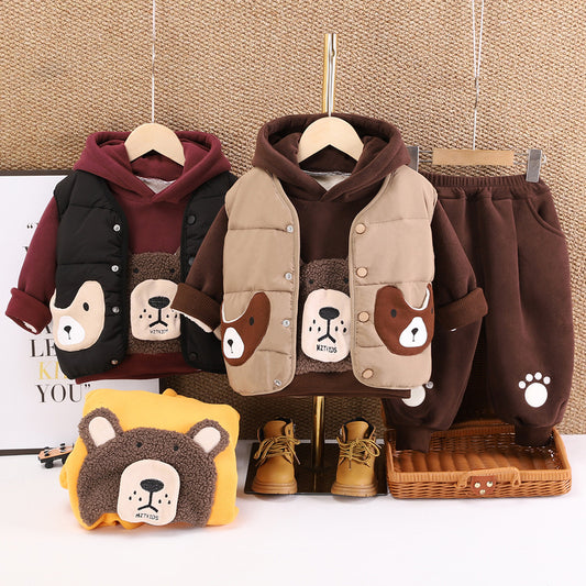 Baby Fleece-Lined 2 Children's Clothing Autumn Toddler Outfit Infant 1-Year-Old Boy Winter Bear Head Three-Piece Set