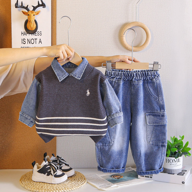Boys' Autumn Outfit Set Spring/Autumn 2026 New Fashionable Embroidered Sweater and Pants for 1-2 Year Old Baby Boys