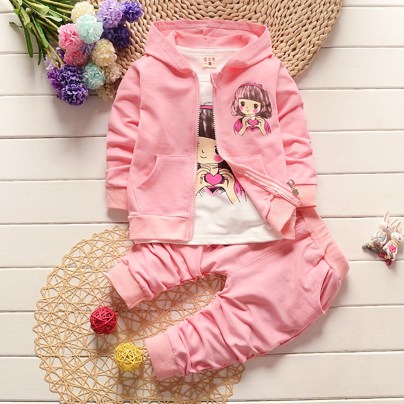 Children's clothing stylish outfit 2026, spring and autumn wear 2-3 year old little girls, long-sleeved cartoon three-piece set for toddlers 7