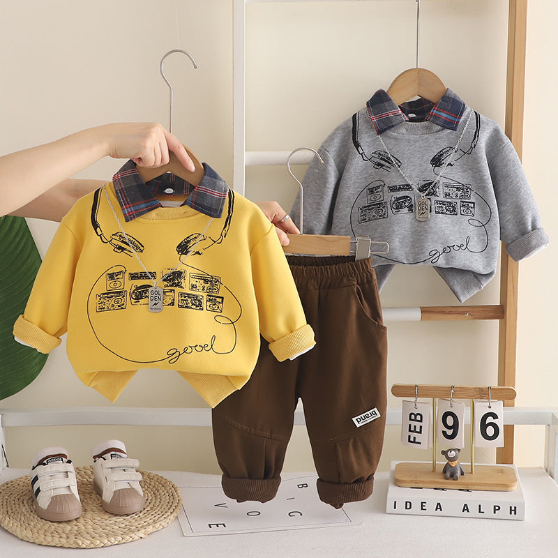 Boys' Autumn Outfit 0-4 Year Olds, Fashionable Baby Clothes for Spring Autumn, Infant Children's Two-Piece Set with Collar and Earphones