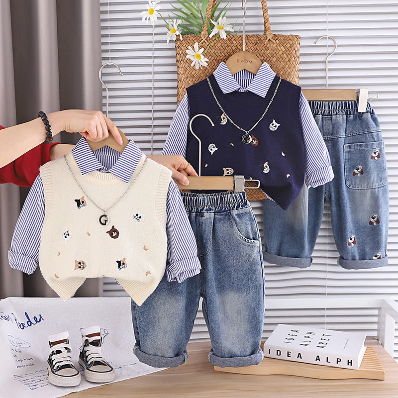 Boys' Sports Outfit 1-3 Years Old Baby Spring and Autumn Cat Sweater Vest Three-Piece Set Infant Toddler Clothing