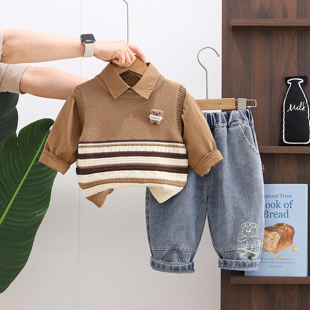 Boys' and Autumn Outfit 2026 New Stylish 1-3 Year Olds, Spring Striped Bear Vest Three-Piece Set for Toddlers