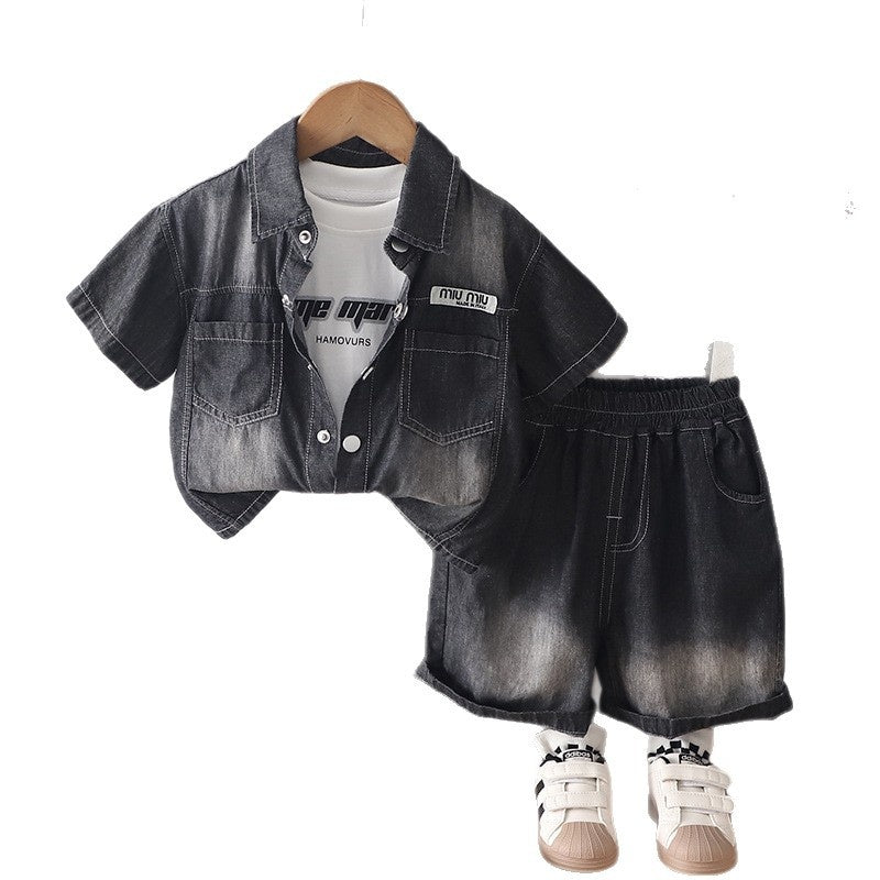 Boys' outfit baby summer 2026 denim short-sleeve three-piece set, new stylish letter-printed children's clothing