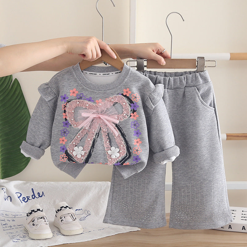 Girls' Outfit 2026 New Fashionable Baby Girl Clothes with Big Bow, Spring and Autumn Sweatshirt Two-Piece Set Trendy