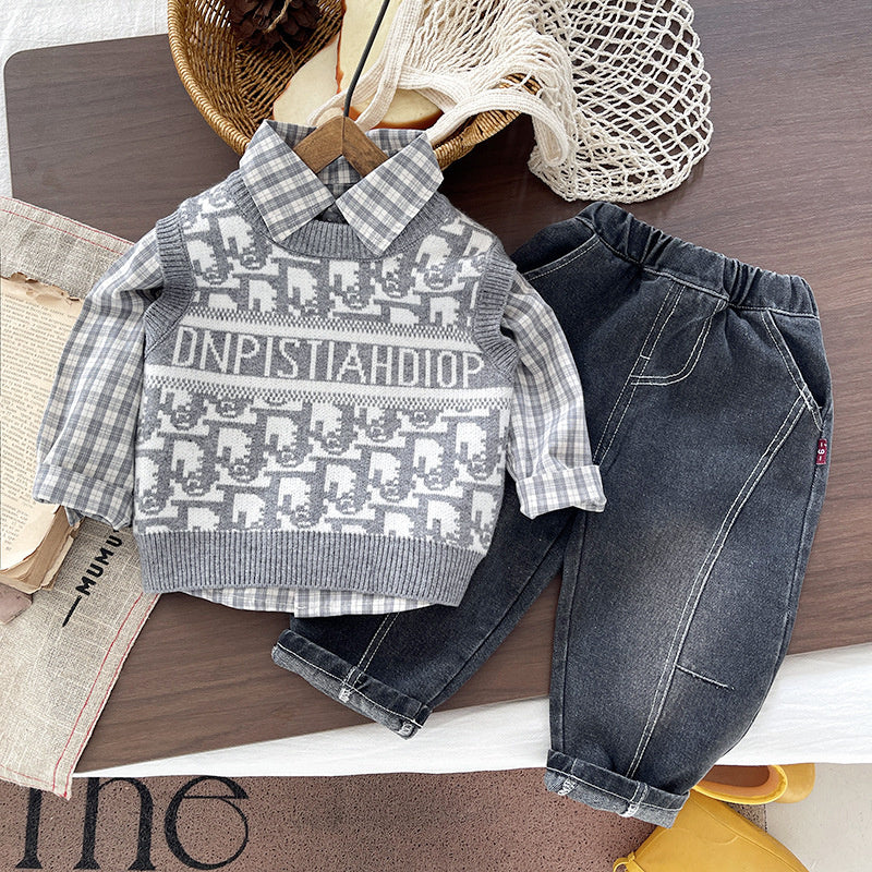 Boys' clothing shirt sweater set, spring autumn style, trendy and cool, stylish long-sleeve three-piece set for 1-5 year old boys
