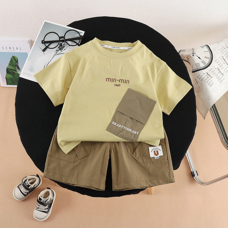 Boys' Summer Outfit 2026 New Fashionable Baby Toddler Casual Pocket Letter Print Short Sleeve Two-Piece Set Trendy