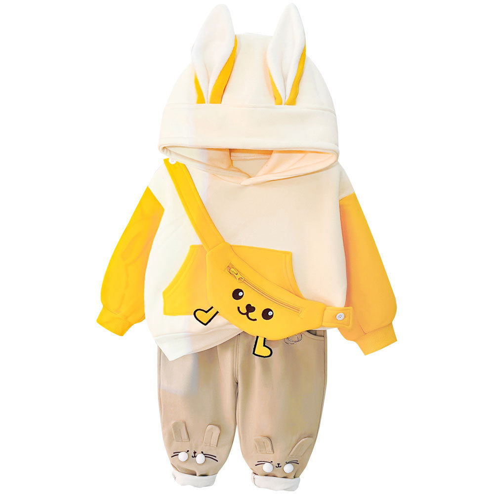 Children's clothing boys and girls, fleece-lined with hood late autumn, cartoon thickened sweatshirt two-piece set for kids