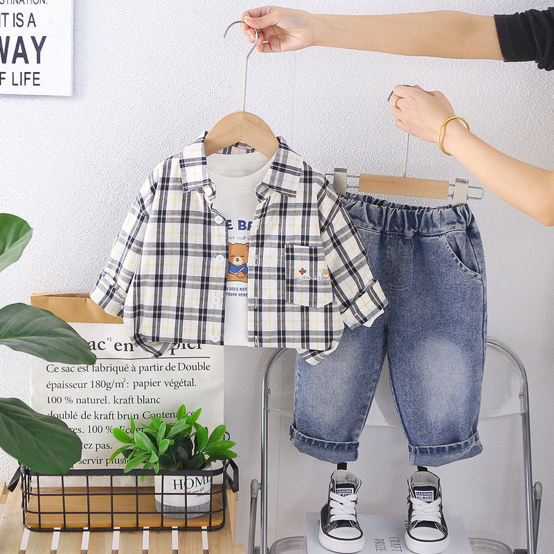 Boys' Outfit 2026 New Model Baby Boy Plaid Shirt with Bear Print on the Back Three-Piece Set for Spring Autumn Infant and Toddler Clothing