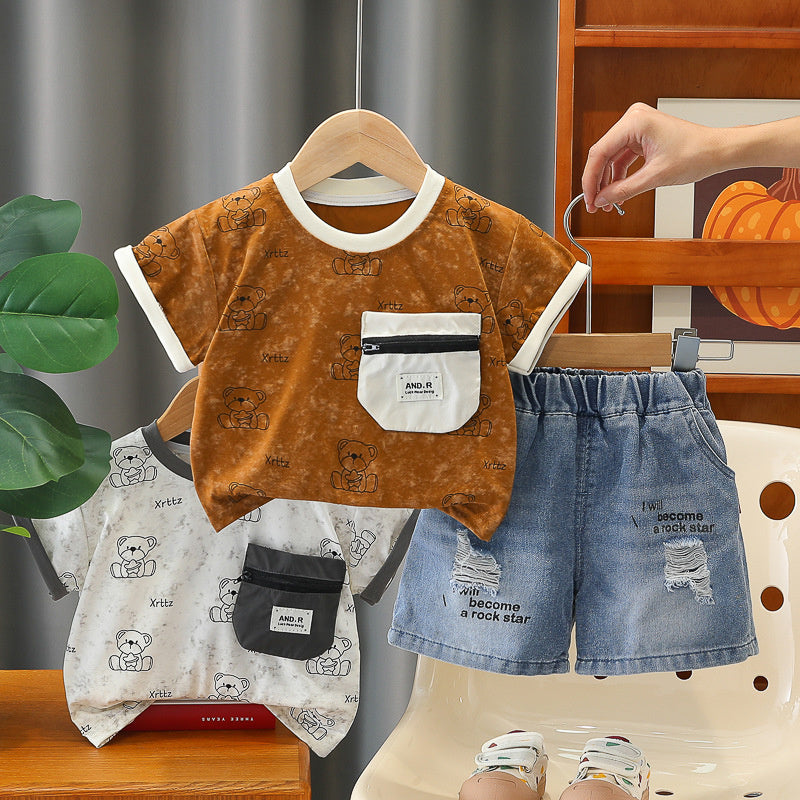 Baby Boy 2026 Stylish Star Bear Short Sleeve Summer Infant Children's Clothes Two-Piece Set Boys' Trendy Outfit
