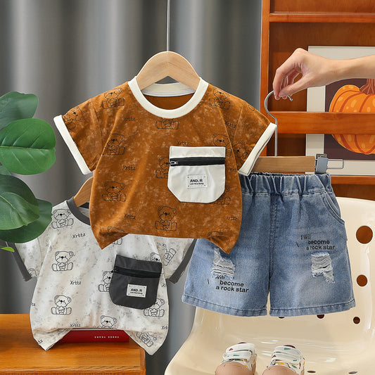 Baby Boy 2026 Stylish Star Bear Short Sleeve Summer Infant Children's Clothes Two-Piece Set Boys' Trendy Outfit
