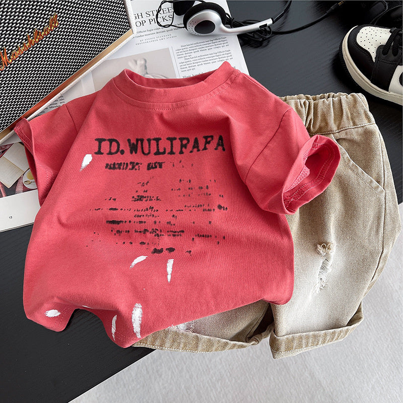 Boys' Outfit New Summer Short Sleeve 2025 Vintage Ripped Round Neck Two-Piece Loose Fit One-Piece Dropshipping