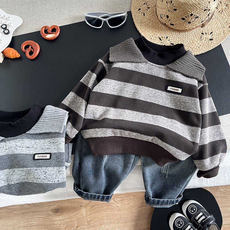Boys' Outfit 2026 New Style Children's Turn-down Collar Wide Stripe Sweatshirt Two-piece Set Baby Spring and Autumn Casual Trend