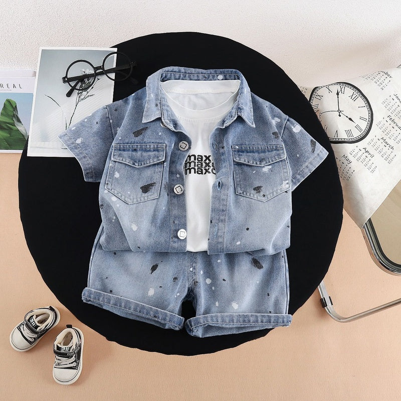 Baby Outfit 2026 New Stylish Boys Summer Denim Tie-Dye Short Sleeve Shorts Three-Piece Set