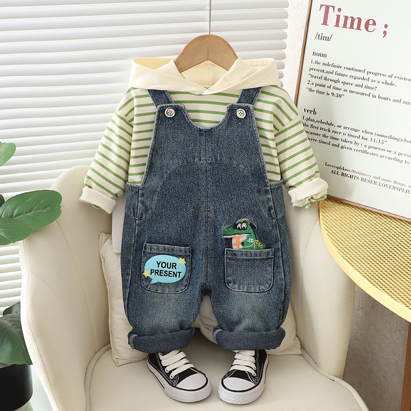 Boys' Spring and Striped Dinosaur Overalls Set 2023 New Baby Children's Clothing Toddler Autumn Fashionable