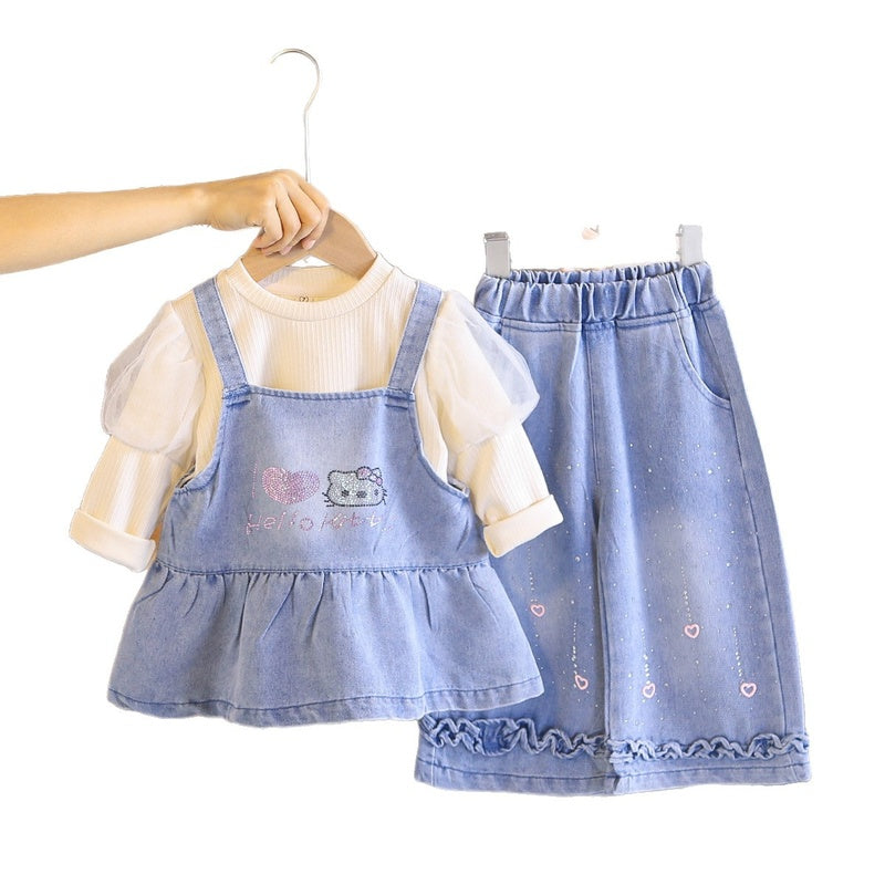 Girls' Outfit 2026 New Fashionable Children's Clothing Baby Denim Suspender Skirt Three-Piece Set Spring and Autumn Clothes