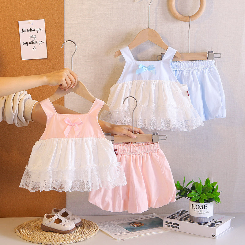 Girls' Sleeveless Square Neck Lace Dress Set 2026 New Style Baby Girl Clothes Children's Summer Two-Piece Outfit
