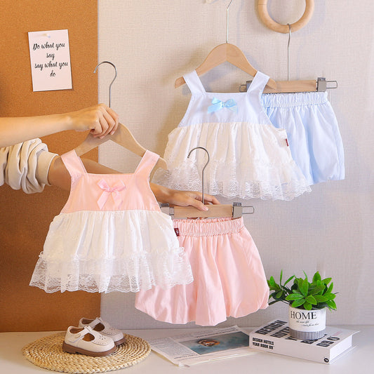 Girls' Sleeveless Square Neck Lace Dress Set 2026 New Style Baby Girl Clothes Children's Summer Two-Piece Outfit