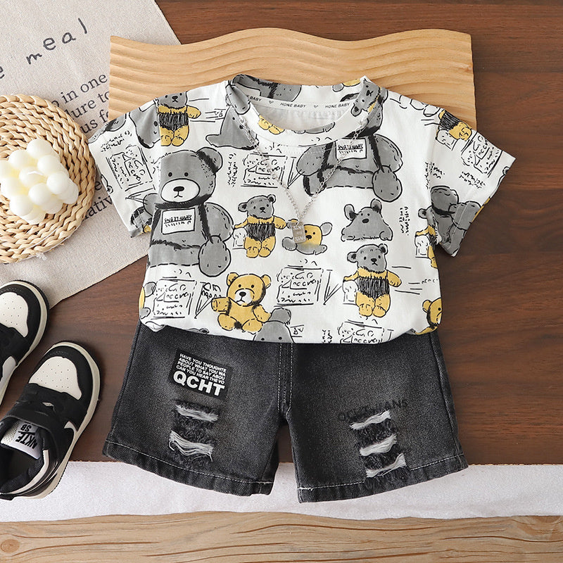 Boys' Outfit New Fashionable Children's Clothing Summer Baby Boy Cartoon Short Sleeve Two-Piece Set for Toddlers