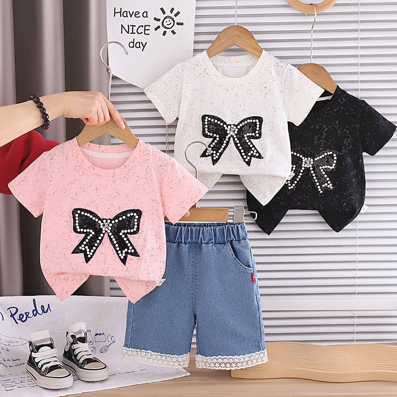 Girls' short-sleeve outfit with large bow, thin style, stylish children's clothing, 2-piece baby summer outfit, trendy