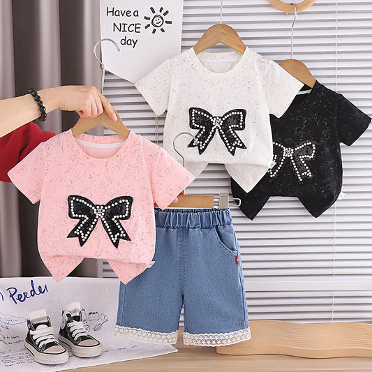 Girls' short-sleeve outfit with large bow, thin style, stylish children's clothing, 2-piece baby summer outfit, trendy