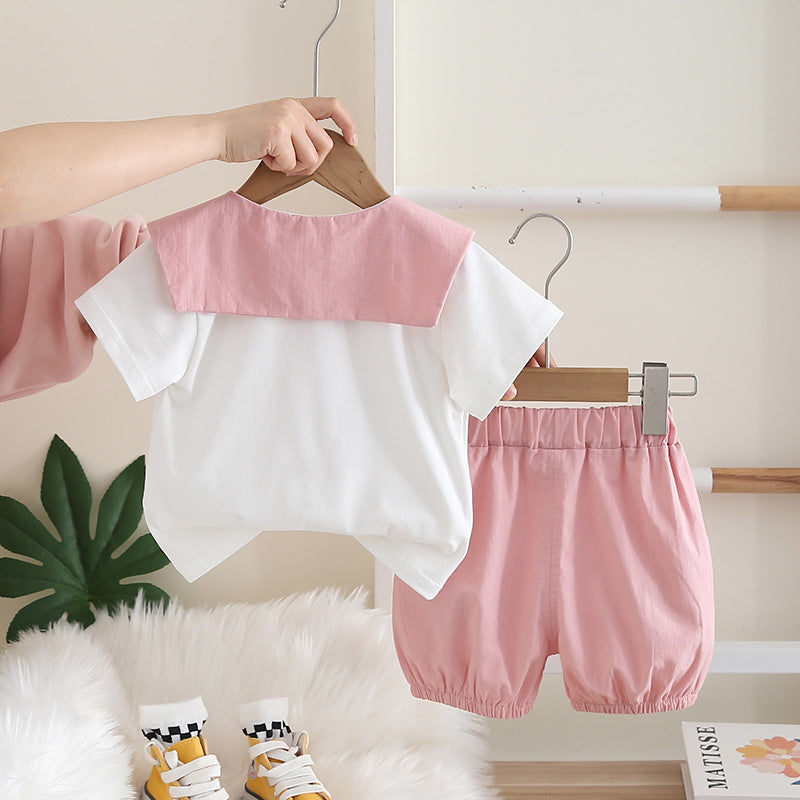 Summer style girls' short-sleeve with lamb doll collar, fashionable outerwear set, trendy Korean version, new summer stylish outfit for toddlers