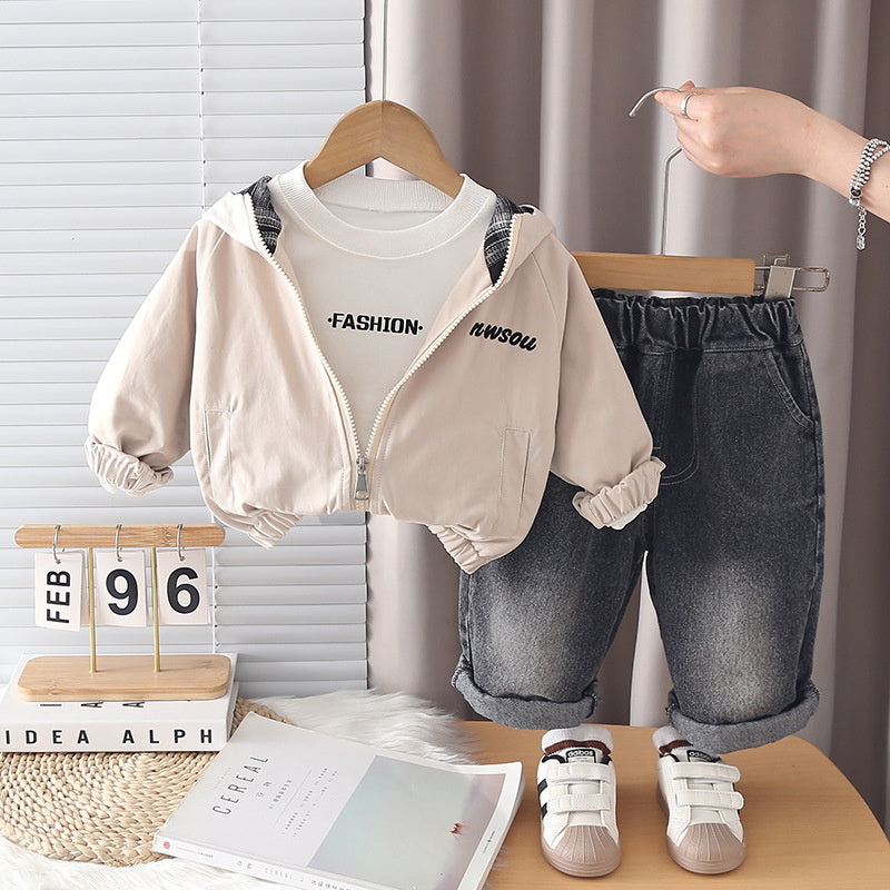 Boys' Spring and Autumn Fashionable Hooded Letter Print Jacket Three-Piece Set, Stylish Cartoon Casual Children's Clothing Wholesale