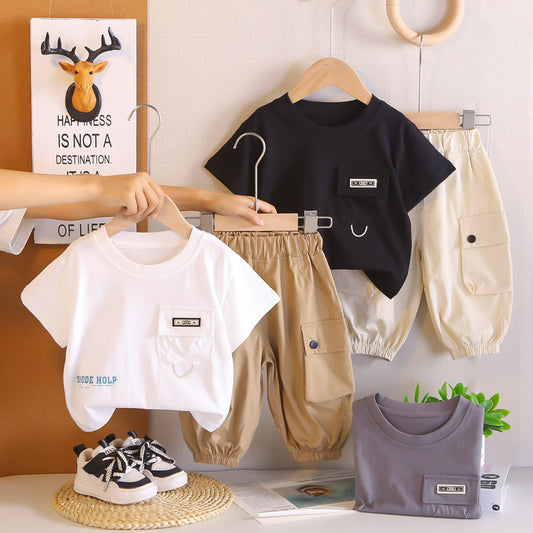 Children's clothing for boys, summer 2026 new style, baby and child pocket logo short-sleeve two-piece set, stylish