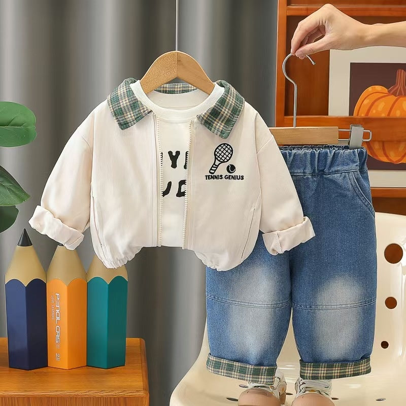 Boys' children's clothing spring autumn outfit 2026 new stylish casual toddler three-piece set with turn-down collar and long sleeves