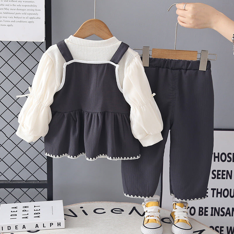 Stylish Loose Outfit for Girls, Baby Girl 2026 New Fashion Autumn Princess Dress with Big Bow Strap Skirt Three-Piece Set