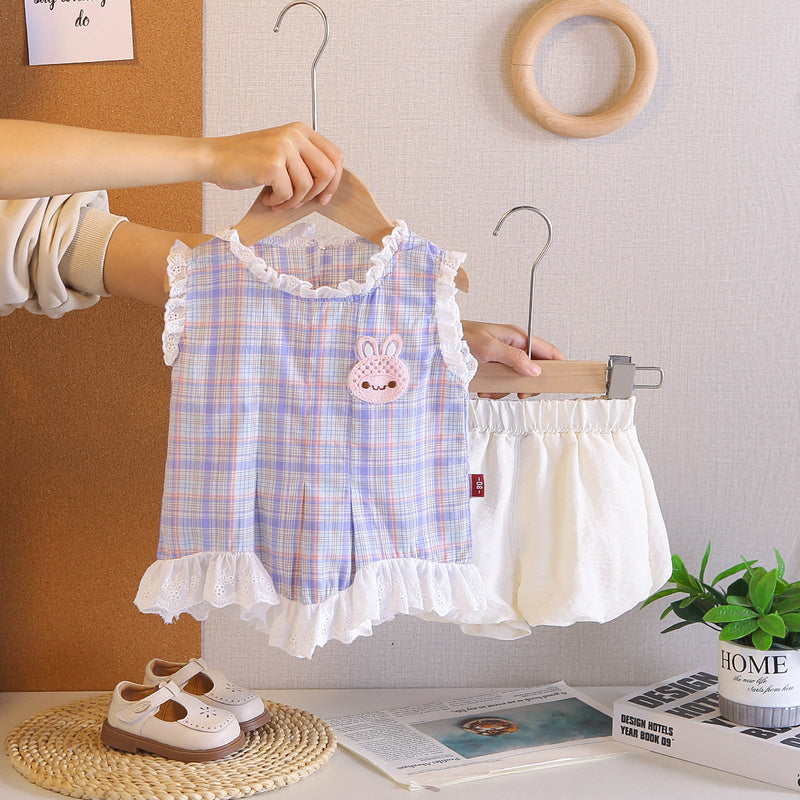 Girls' Outfit 2026 New Fashionable Colorful Plaid Rabbit Sleeveless Children's Clothing Baby Summer Two-Piece Set