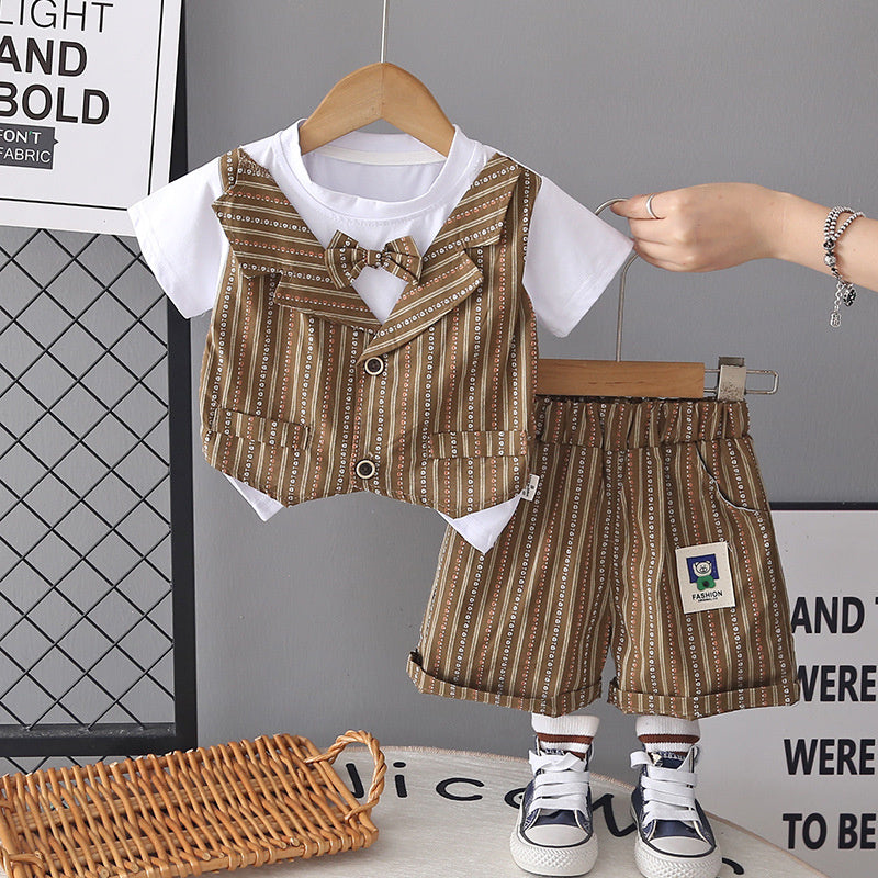 Boys' Summer Stylish Vertical Stripe Fake Three-Piece Short Sleeve Set 2026 New Trendy Thin Baby Clothes for Children