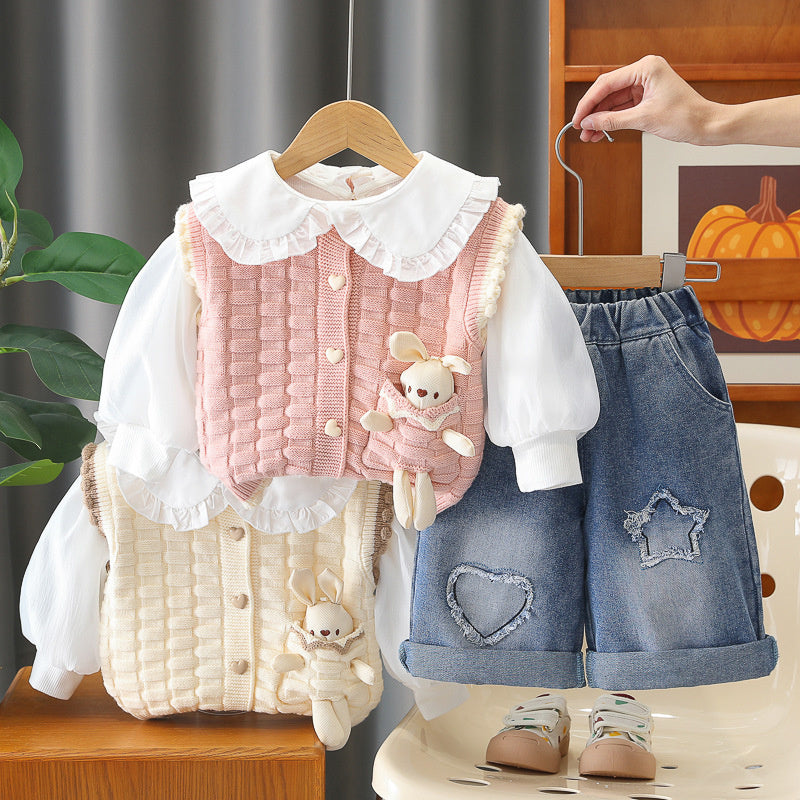 Baby Girl Outfit 2026 New Fashionable Infant Clothes Girls' Spring and Autumn Cartoon Doll Rabbit Sweater Three-Piece Set