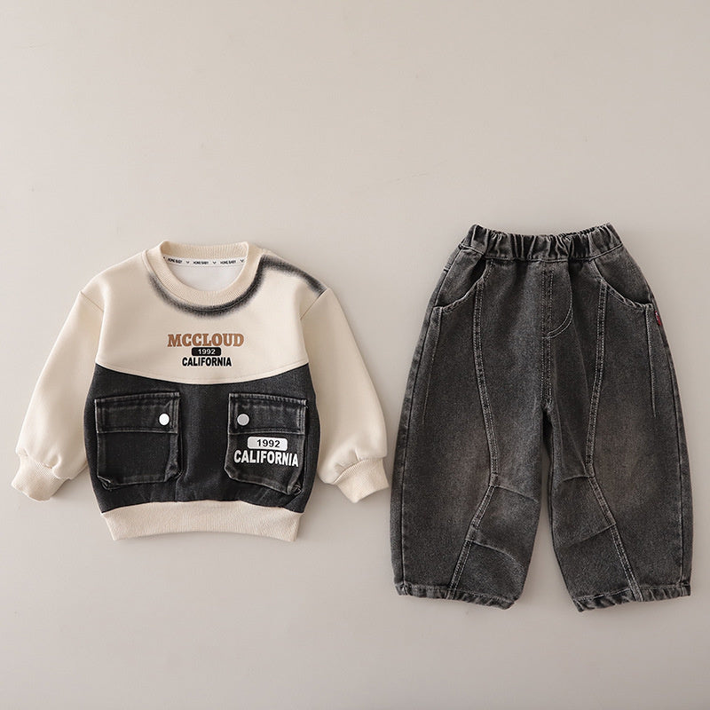 Outfit 2026 New Children's Denim Patchwork Sweatshirt Boys' Spring and Autumn Sports Casual Two-Piece Set