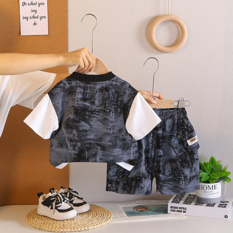 Boys' short-sleeve suit with patchwork sleeves, 2026 new baby summer clothing, infant and toddler two-piece set