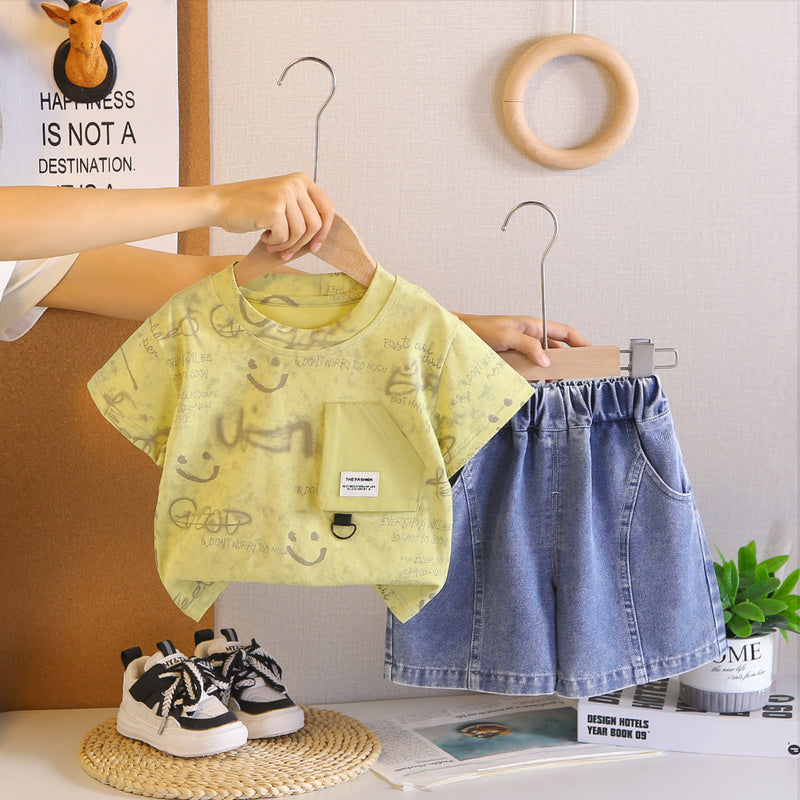 Boys' Summer Outfit 2026 New Short-Sleeve Stylish Children's Smiley Face Pocket Round Neck Casual Baby Two-Piece Set Trendy