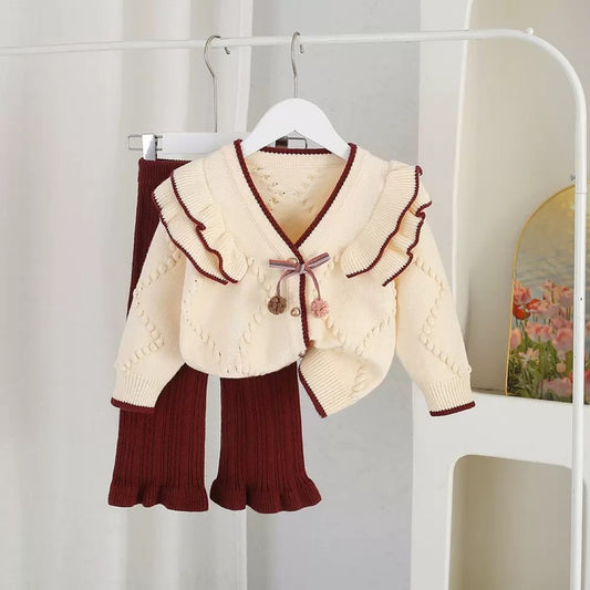 Girls' Sweater Autumn Winter New Baby Girl Ruffled Knitted Cardigan + Stylish Flared Pants Korean Style