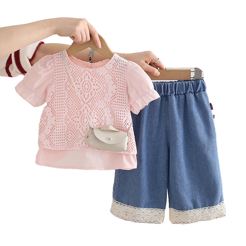 Baby Outfit Set 2026 New Model for Girls, Hollowed Out Short Sleeve, Infant Children's Clothing, Toddler Summer Solid Color Clothes
