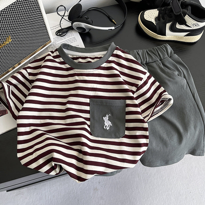 Boys' Outfit 2026 New Striped Embroidered Pocket Short Sleeve Two-Piece Set Children's Summer Clothes Trendy Kids' Wear