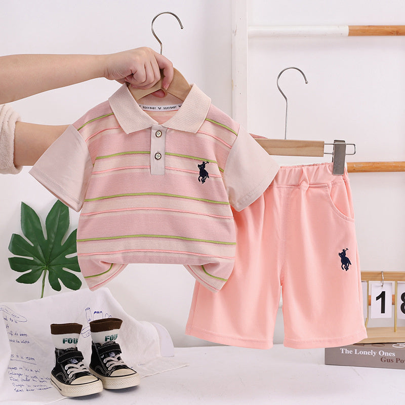 Boys' Outfit 2026 New Trendy Baby Summer Striped Embroidered Short Sleeve Clothes Fashionable Two-Piece Set