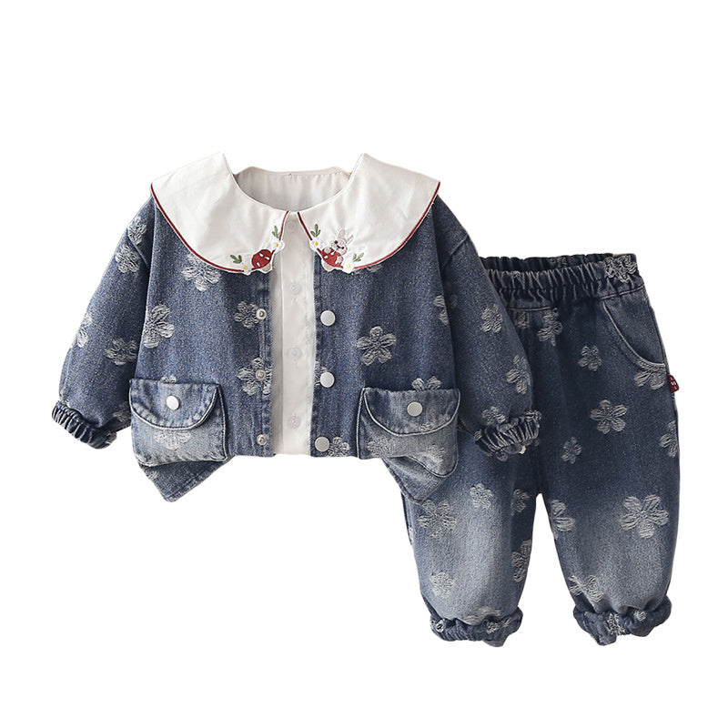 Girls' Spring and Autumn Petal Denim Outfit 2026 New Fashionable Korean Style Three-Piece Set for Young Girls