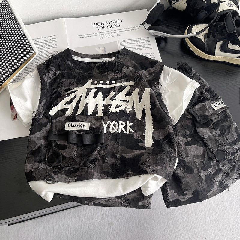 Boys' Outfit 2026 New Fashionable Short-Sleeve for Children, Stylish Baby Summer Letter Print Fake Three-Piece Set