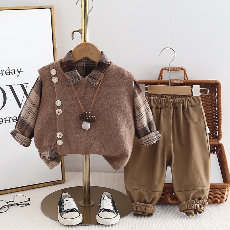 Boys' Spring Outfit 2025 New Style 0-1-5 Years Old Baby Double Button Large Plaid Vest Three-Piece Set Fashionable