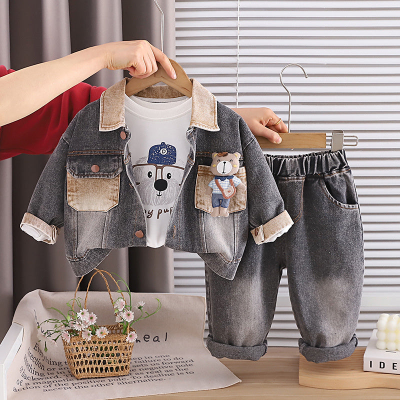 Boys' and Autumn Outfit 1-4 Year Olds, Spring Infant Children's Clothing, Stylish Denim Bear Three-Piece Set for Toddlers