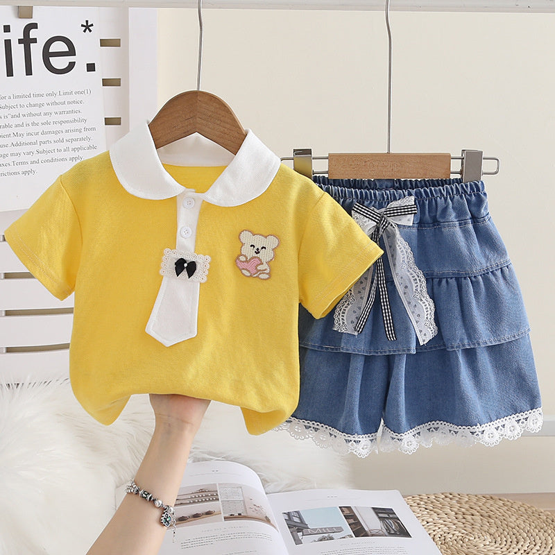 Girls' Outfit 2026 New Cute Baby Summer Embroidered Bunny Short Sleeve Two-Piece Set Trendy