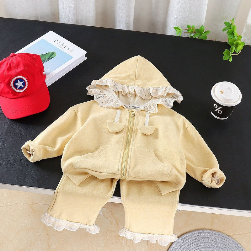 Girls' Outfit 2026 New Style Baby Spring and Autumn Lace Hoodie Two-Piece Set Stylish Children's Clothing for Little Kids