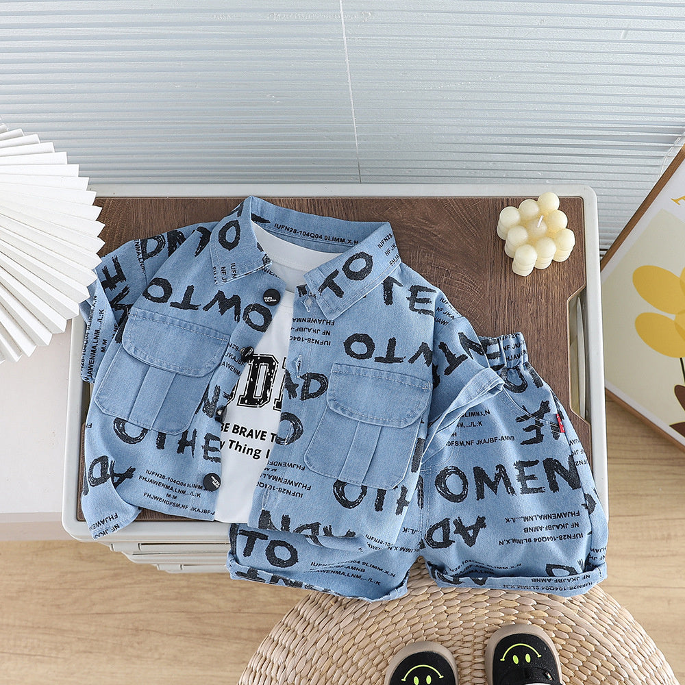 Boys' Summer Set 2026 New Stylish Baby Clothes Full-Print Letter Denim Short-Sleeve Three-Piece Trendy Outfit
