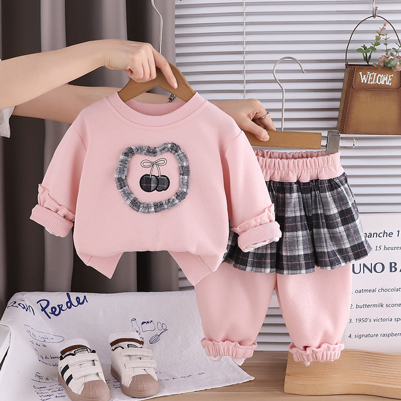 Baby Autumn Outfit Stylish Casual 1-5 Years Old Girl Cherry Sweatshirt Two-Piece Set Children's Clothing Spring