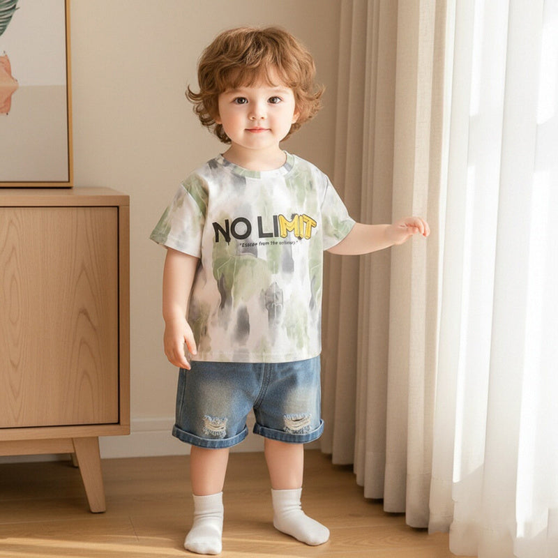 Boys' Stylish Denim Suit New Style for 1-3 Year Olds, Children's Summer Clothes, Short-Sleeved Two-Piece Set